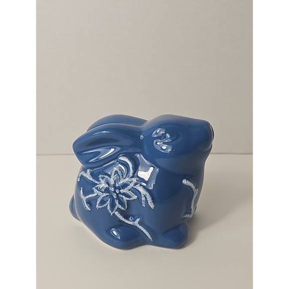 Burton & Burton Blue Ceramic Rabbit Figurine Statue Floral Embossed Designs - Picture 4 of 8
